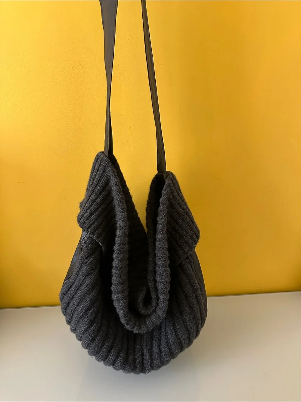 Darzzi Leather and Gray Lambswool Ribbed Knit Hobo Bag Slouchy Oversized Sling